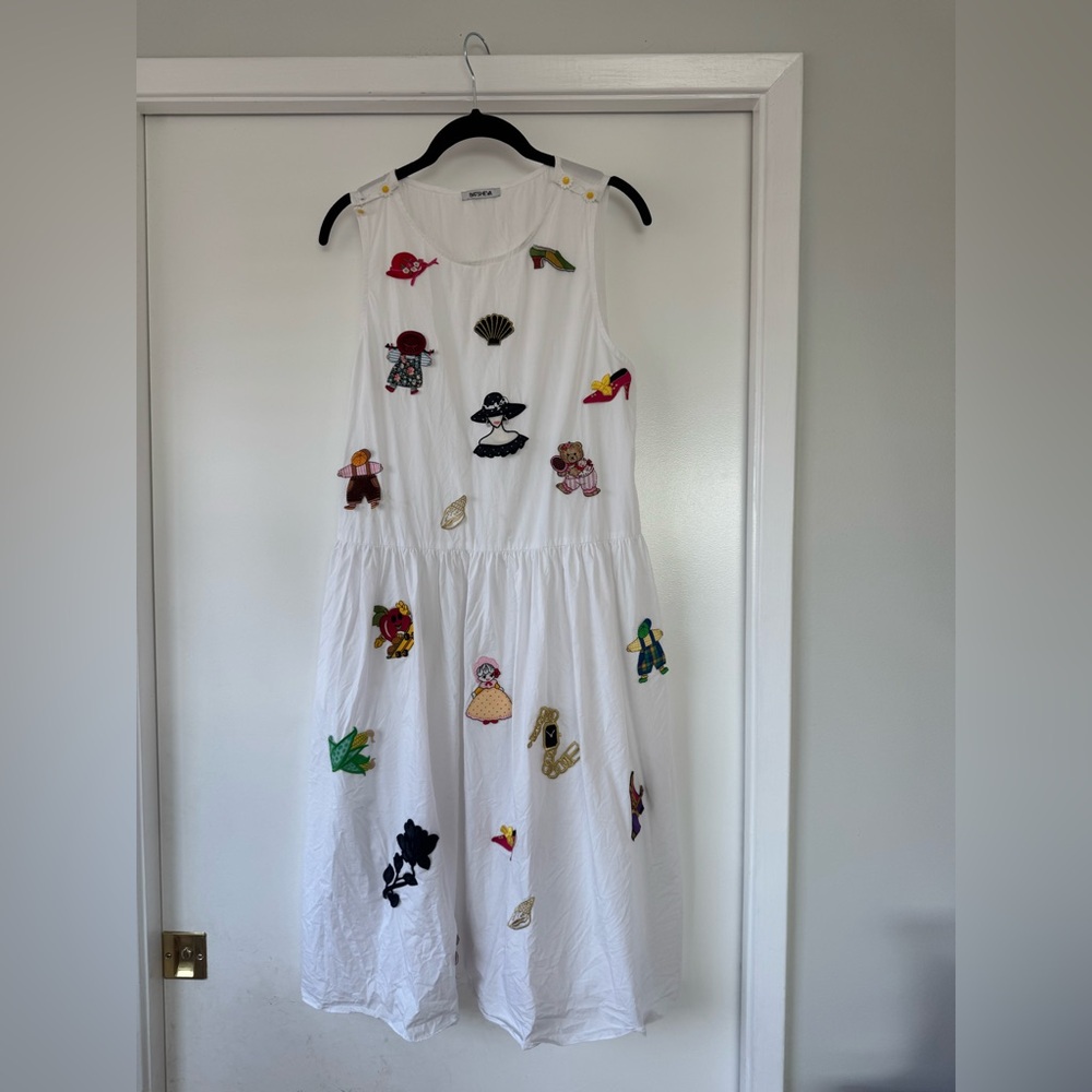 RARE Batsheva White Cotton Dress w/ Whimsical Appliqués